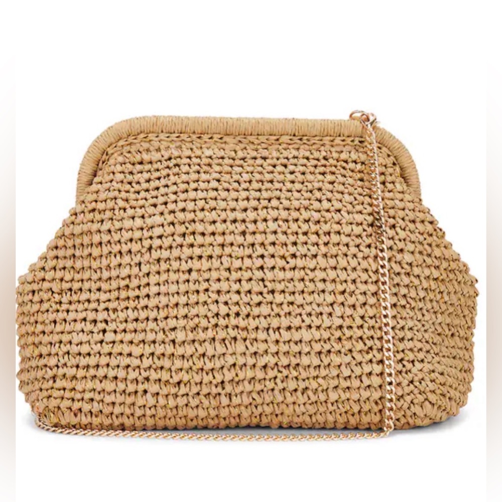 New tan Woven Summer Clutch with gold chain